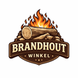 Logo van Brandhout Winkel met realistisch houtblok en brandende vlammen, rustieke stijl, warme aardetinten, ideaal voor online en drukwerk, benadrukt kwaliteit van brandhout en authentieke ambachtelijke uitstraling.